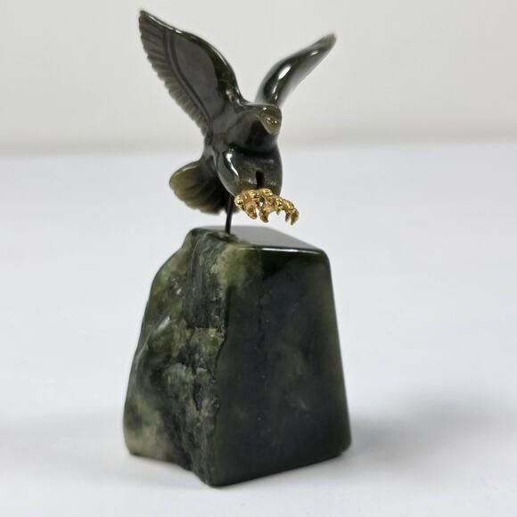 Carved Green Jade Eagle Figure Landing On Base With Gold Talons - Picture 3 of 9